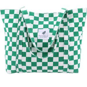 COPY - Corduroy Tote Bag Green White Plaid Checkers